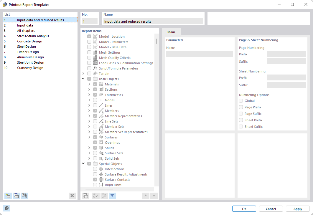 Dialog Box "Printout Report Templates"