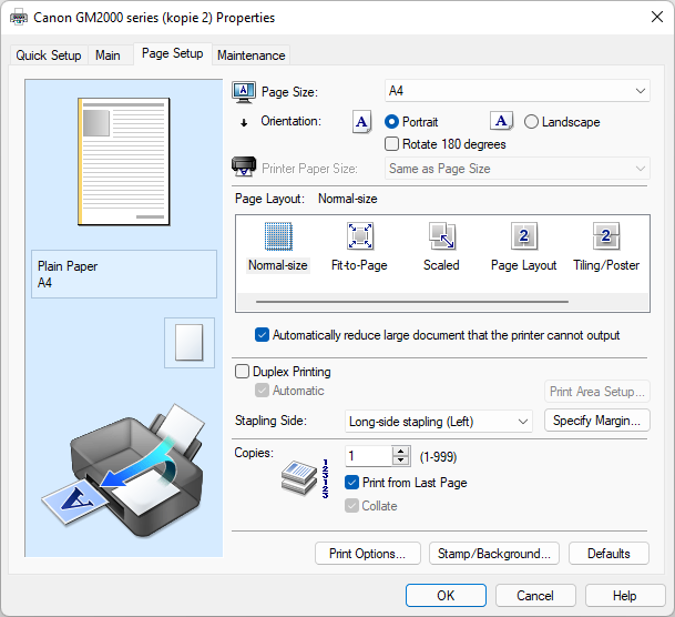 Specifying Settings in Properties of Printer