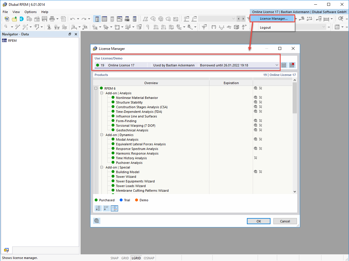 FAQ 005041 | When opening a new model, all the add-ons I have licensed are only available as a demo. It seems I am using the demo version.