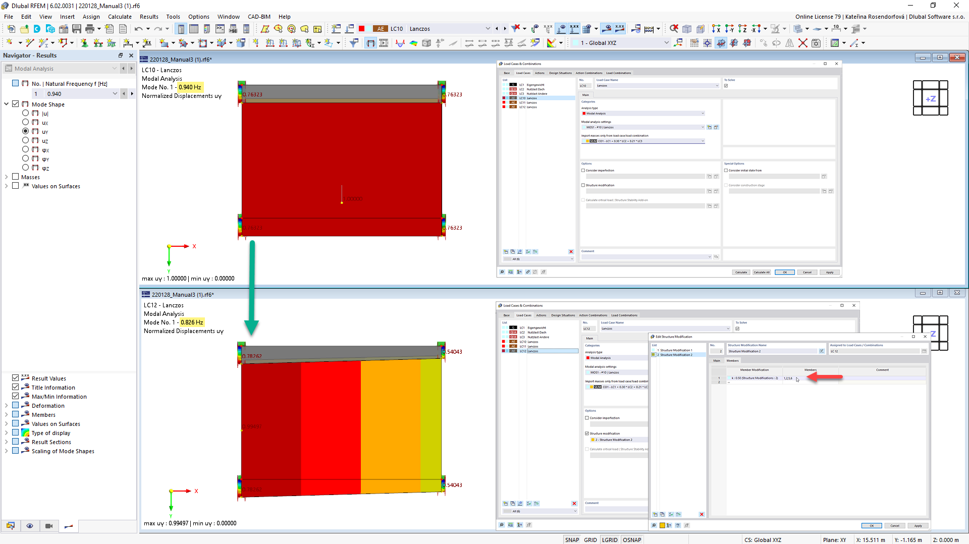 Modal Analysis Without Structure Modification (Left) and with Reduced Column Stiffnesses (Right)