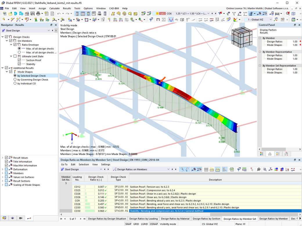 Visualization of the critical mode shape for the lateral-torsional buckling design in the stability analysis.