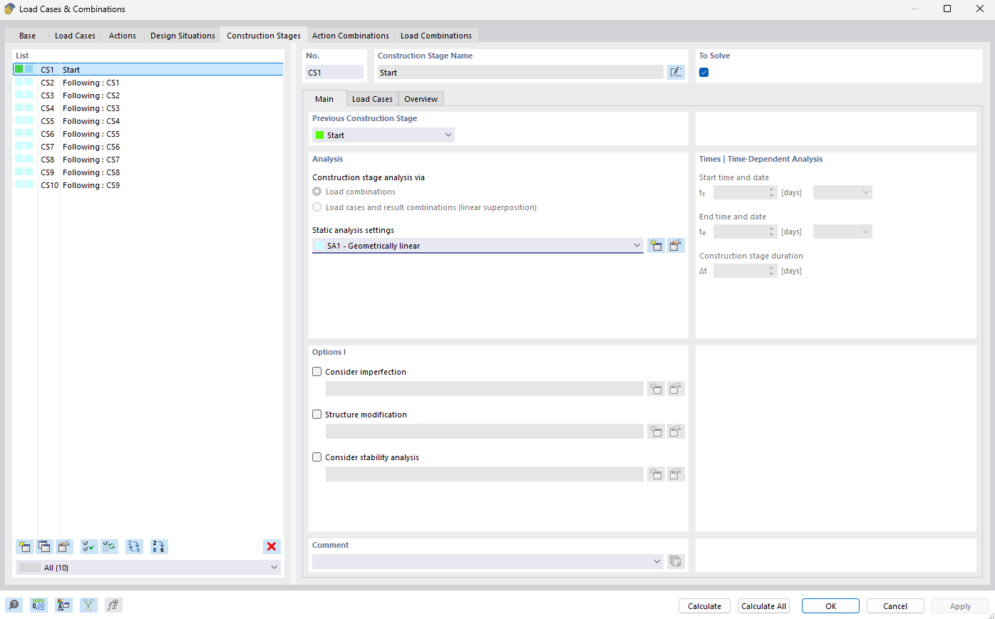 Dialog Box "Load Cases and Combinations", Tab "Construction Stages"