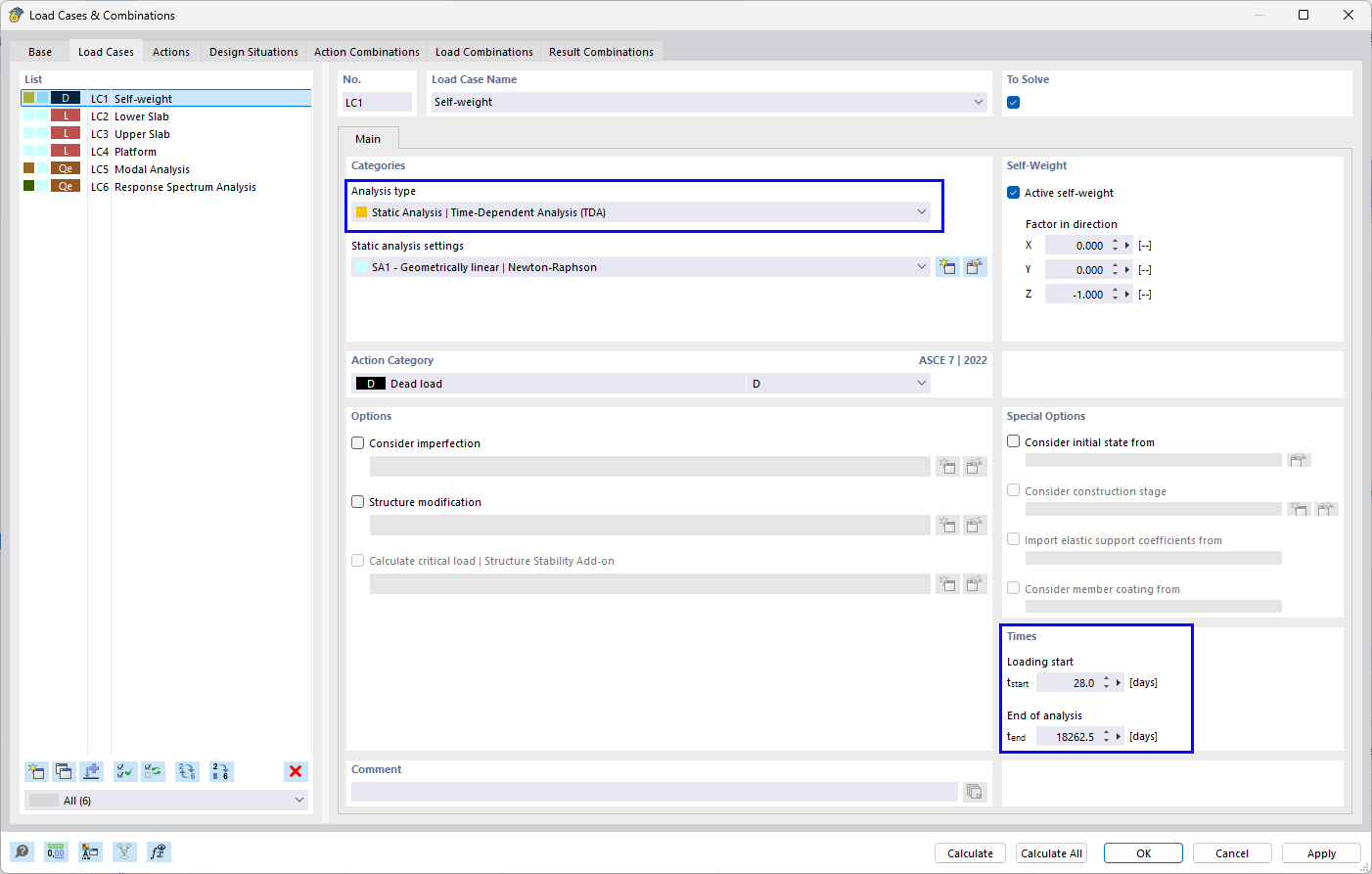 Setting Analysis Type "Time-Dependent Analysis (TDA)" and Times for Load Case