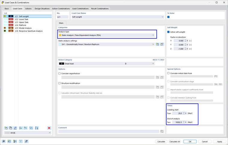 Setting Analysis Type "Time-Dependent Analysis (TDA)" and Times for Load Case