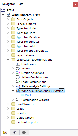 Data Navigator, Wind Simulation Analysis Settings