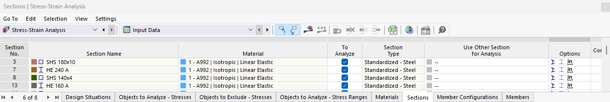 Table "Sections" for Stress-Strain Analysis