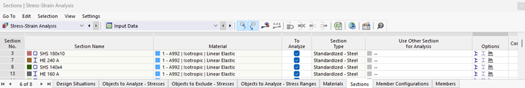 Table "Sections" for Stress-Strain Analysis