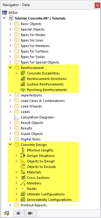 Navigator Items Relevant to Concrete Design