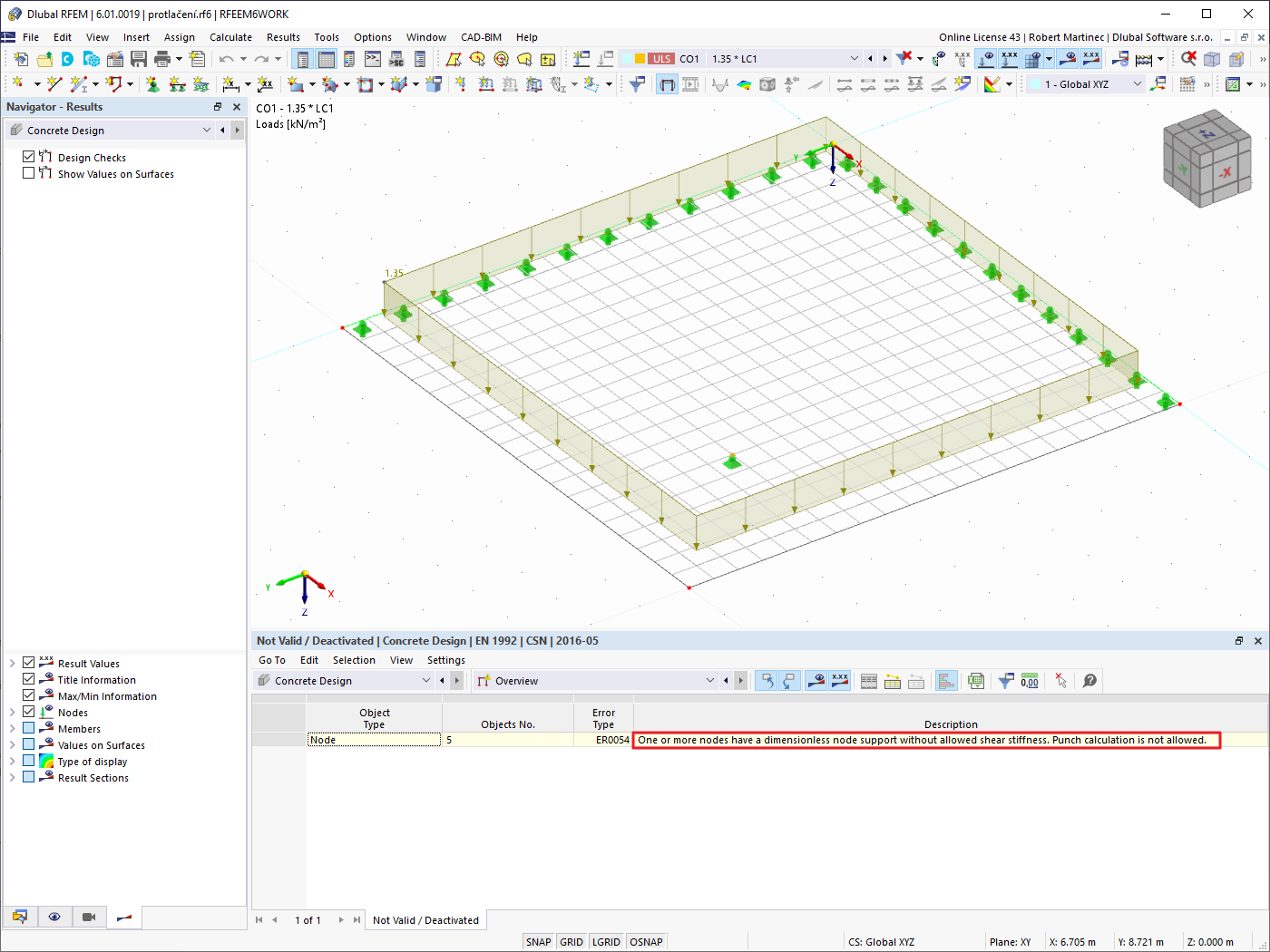 FAQ 005214 | I would like to perform punching design of a reinforced concrete slab. I have selected a node and set it for the punching design. The node is classified as invalid.