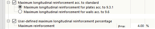 Maximum Longitudinal Reinforcement According to Standard for Plates or Walls and User-Defined Reinforcement Percentage