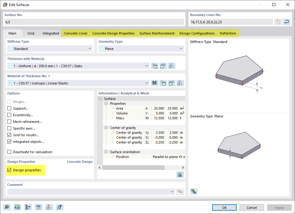 Design Properties Activated for Slabs with Extra Tabs