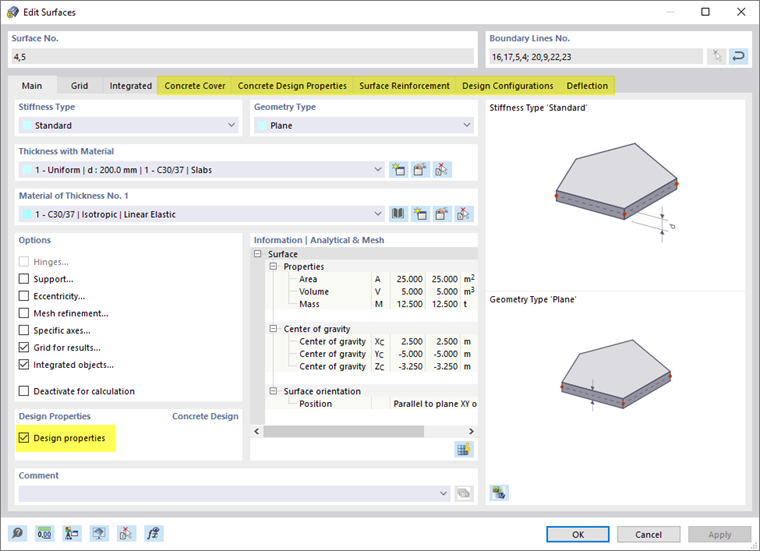 Design Properties Activated for Slabs with Extra Tabs