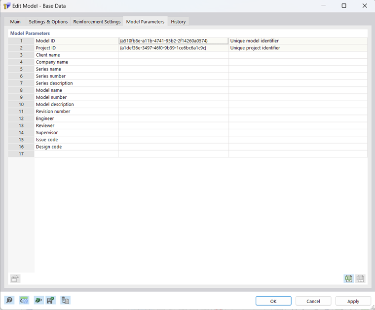 Dialog Box "New Model – Base Data", Tab "Model Parameters"