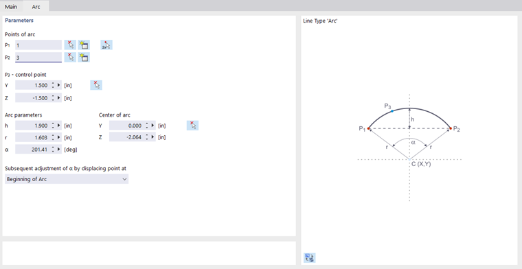 Dialog Box "New Line", Tab "Arc"