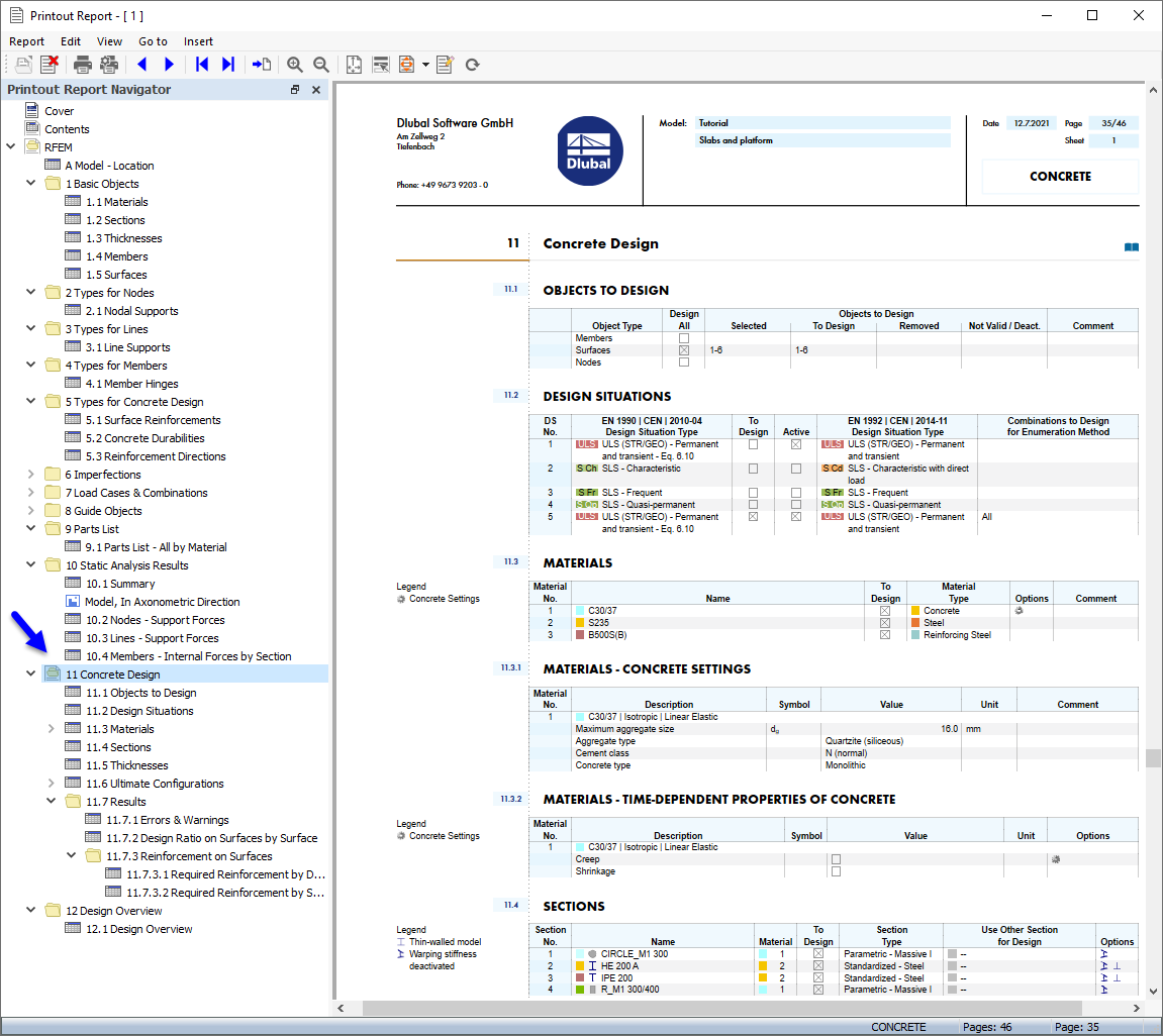 "Concrete Design" Data in Printout Report
