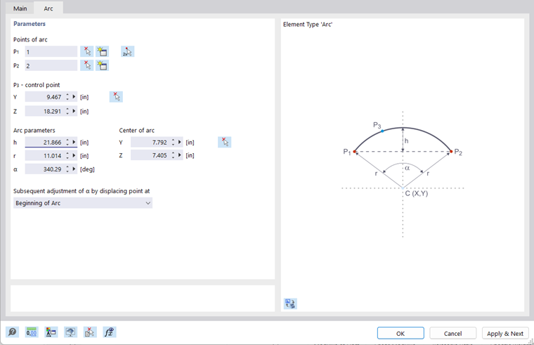 Dialog Box "New Element", Tab "Arc"