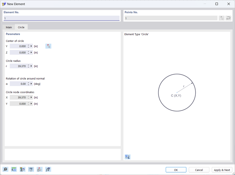 Dialog Box "New Element," Tab "Circle"