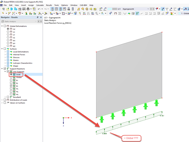 FAQ 005221 | I do not get any local support reactions on line supports in RFEM 6. What should I do to get them?