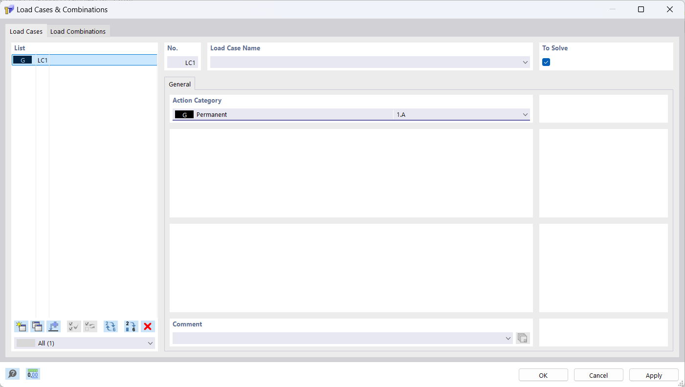 Dialog Box 'Load Cases and Combinations', Tab 'Load Cases'