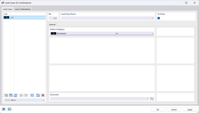 Dialog Box 'Load Cases and Combinations', Tab 'Load Cases'