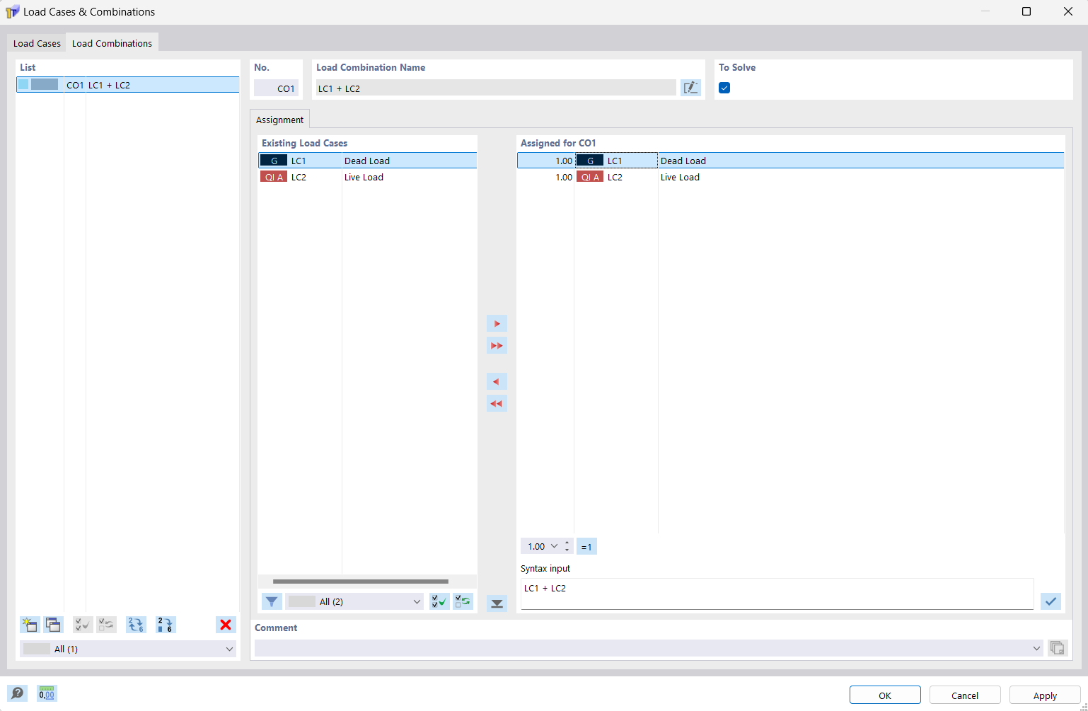 Dialog Box "Load Cases and Combinations", Tab "Load Combinations"