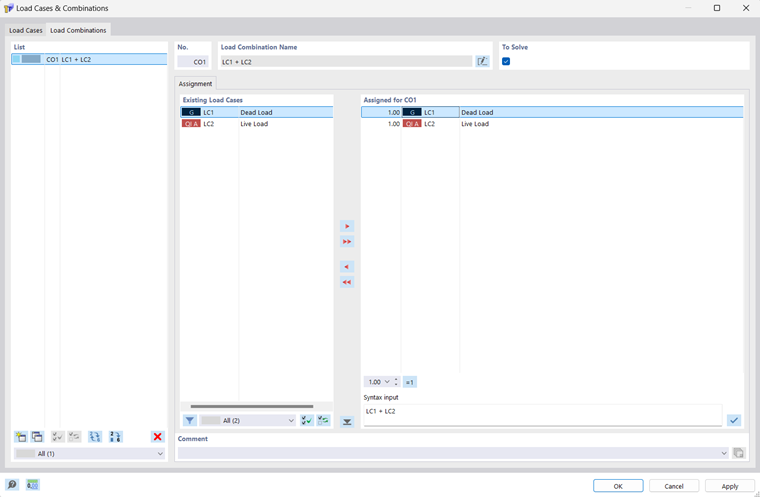 Dialog Box "Load Cases and Combinations", Tab "Load Combinations"