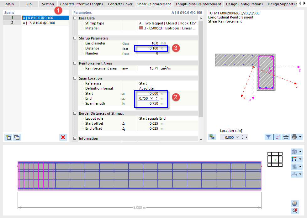 Defining Shear Reinforcement Span and Stirrups