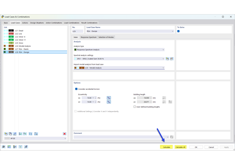 Starting Calculation in Dialog "Load Cases and Combinations"