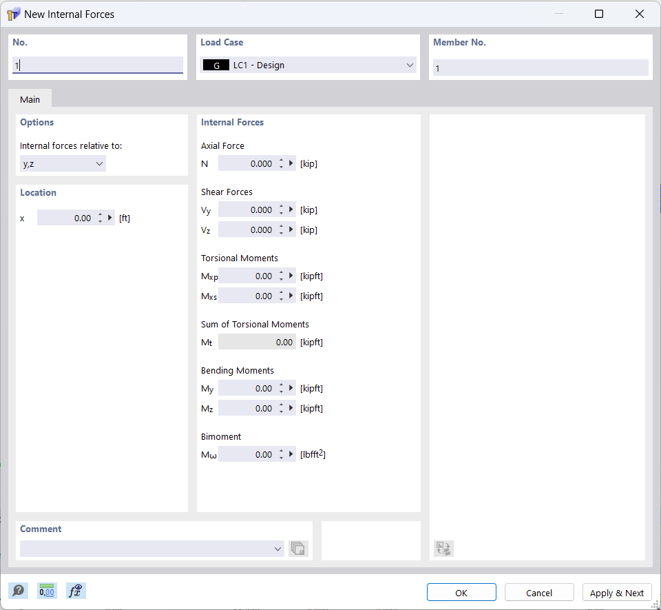 Dialog box "New Internal Forces"