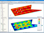 Cross-Laminated Timber Slab with Internal Forces (Top) and Deformations (Bottom) in RFEM (© ATP architekten ingenieure)