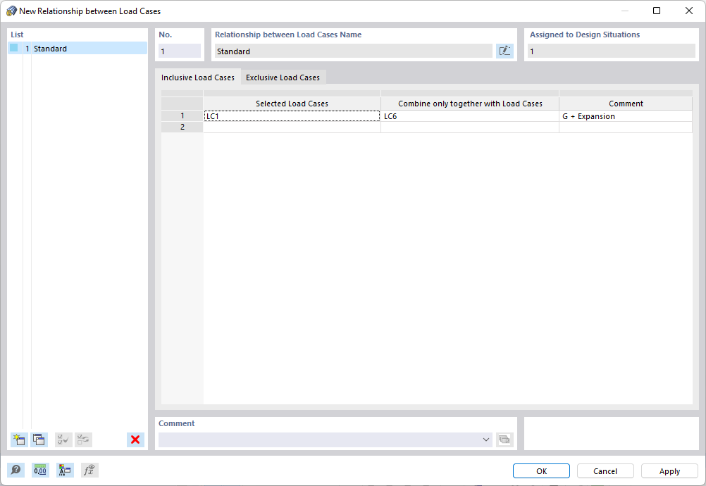 Dialog Box "New Relationship Between Load Cases"