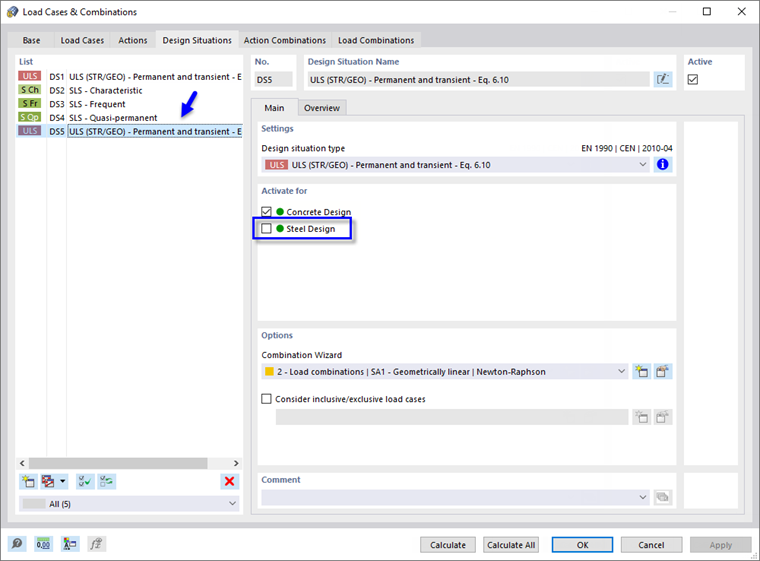 Disabling Steel Design for Design Situation "DS5"