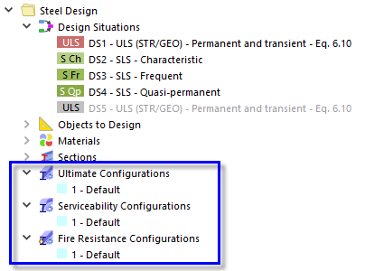 Default Configurations for Steel Design of ULS, SLS, and Fire Resistance