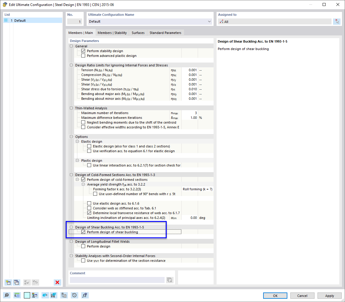 "Main" Settings of Ultimate Configuration for Steel Design