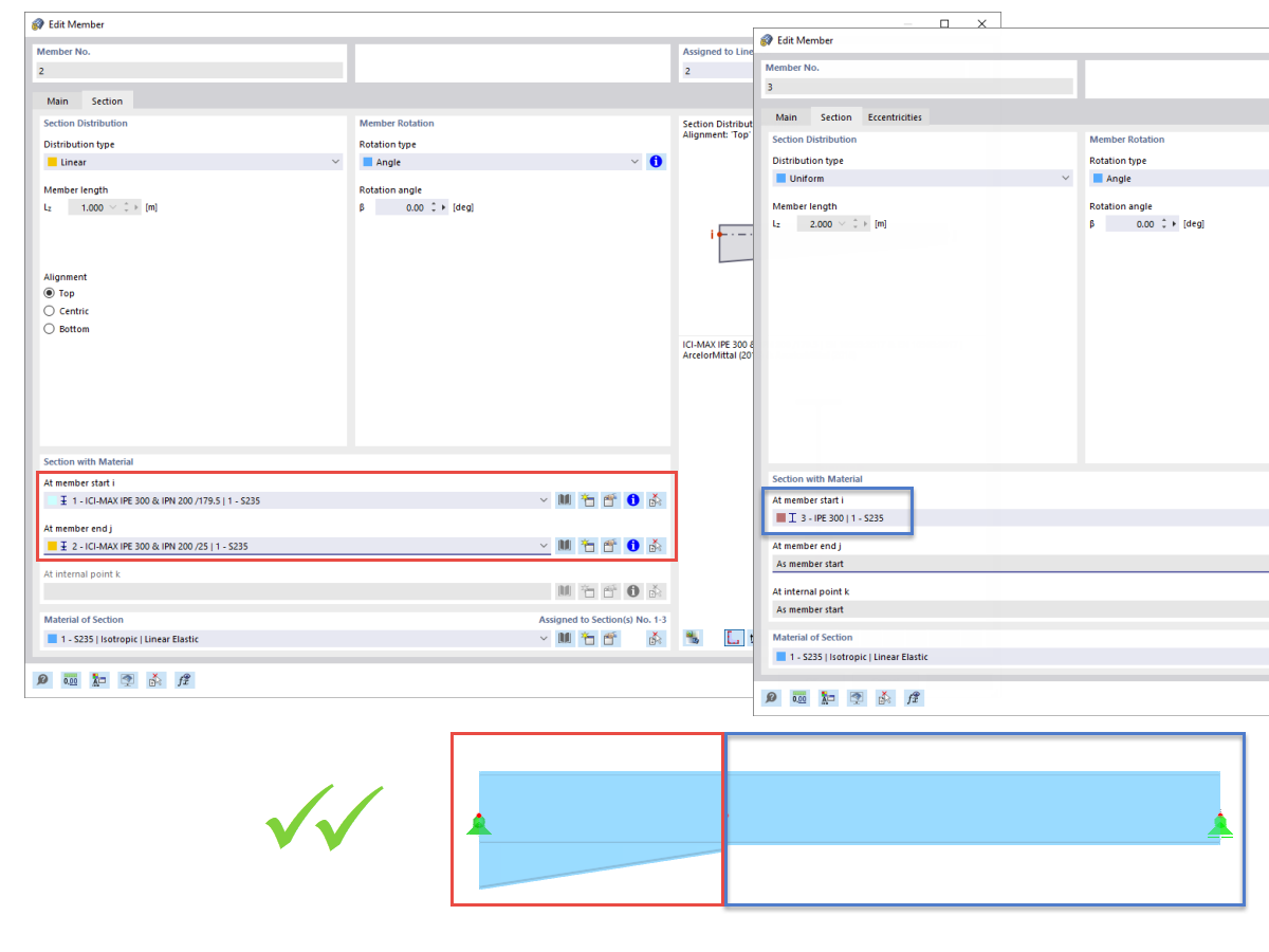 FAQ 005225 | I would like to model a frame beam with a tapered cross-section. For this, I have created a member with the cross-section distribution "Tapered...