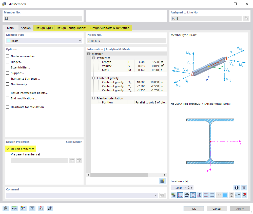 Design Properties Activated for Columns