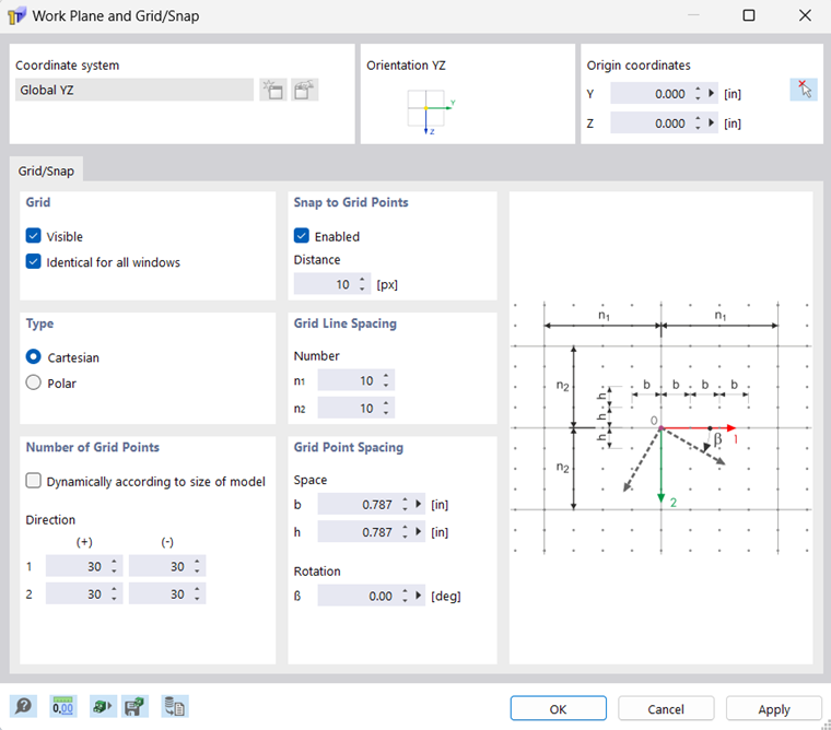 Dialog Box "Work Plane and Grid/Snap"