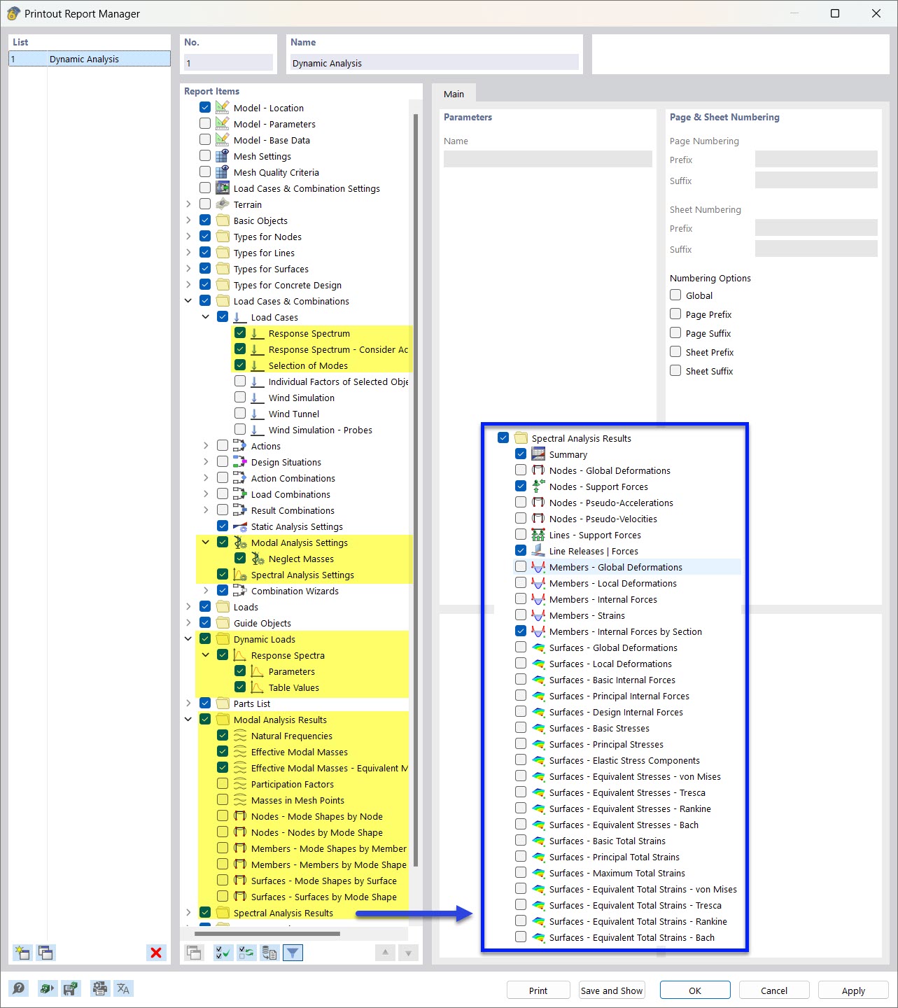 Selecting Data of Dynamic Analysis in Printout Report Manager