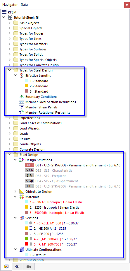 Navigator Items for Steel Design