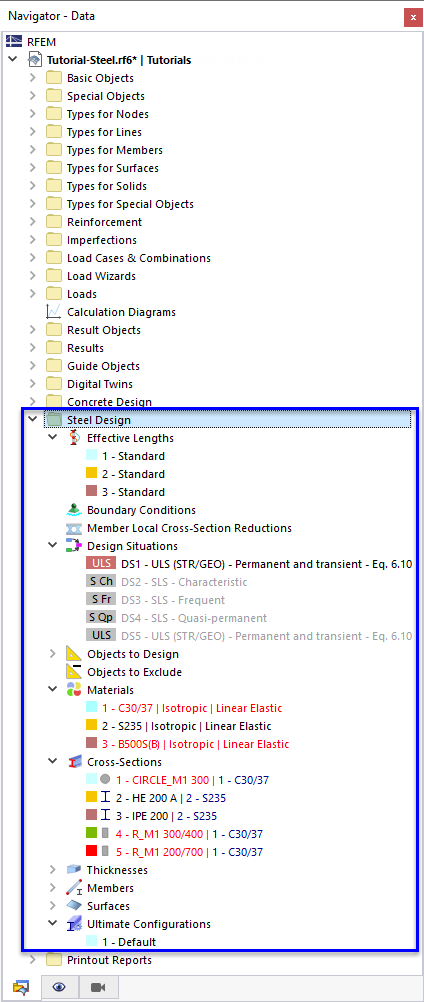 Navigator Items for Steel Design