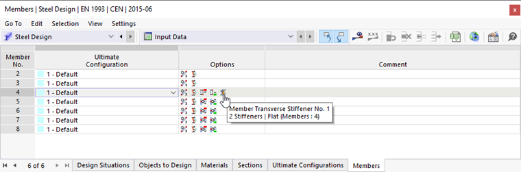 Table "Members" with Symbols of Design Options