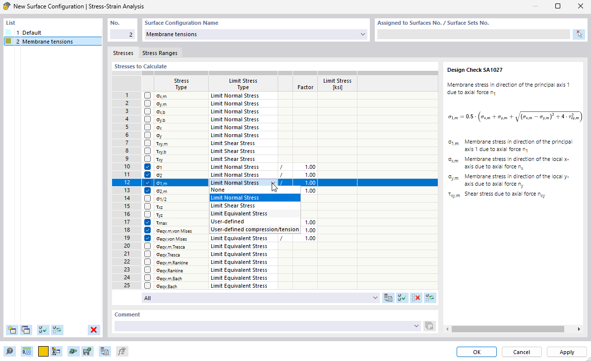 Dialog Box "Surface Configuration": Specifying Stresses to Analyze