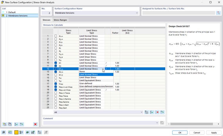 Dialog Box "Surface Configuration": Specifying Stresses to Analyze