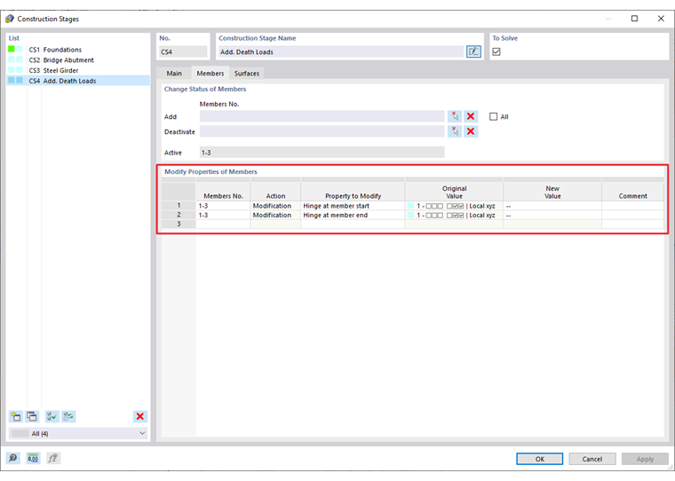 FAQ 005233 | Is it possible to change the properties of members or surfaces, such as their location, in the individual construction stages?
