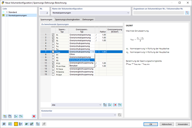 Dialog Box "Solid Configuration": Specifying Stresses to Calculate