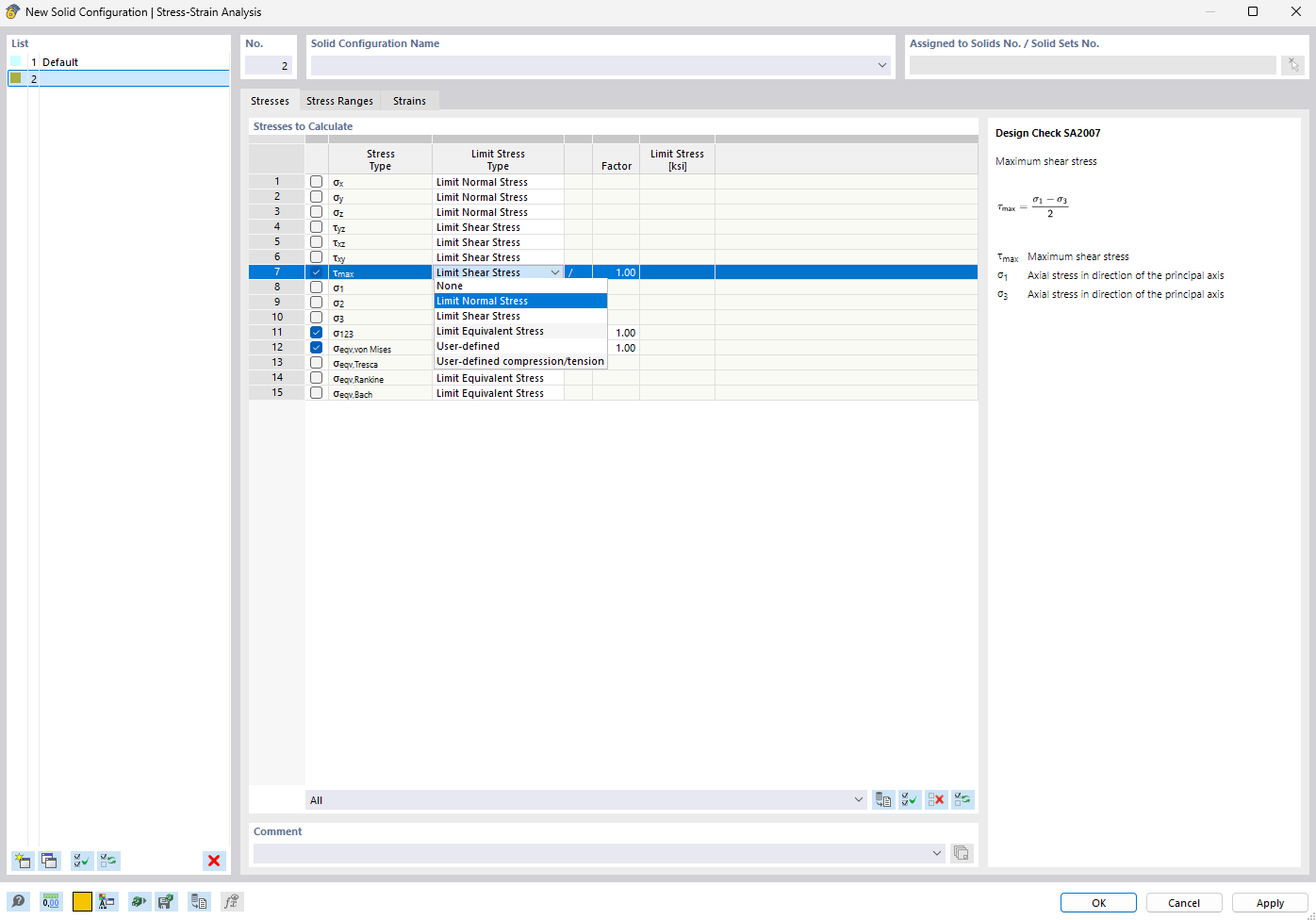 Dialog Box "Solid Configuration": Specifying Stresses to Analyze