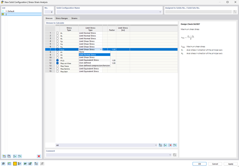 Dialog Box "Solid Configuration": Specifying Stresses to Analyze