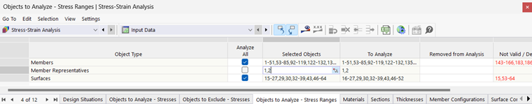 Table "Objects to Analyze – Stress Ranges" for Stress-Strain Analysis