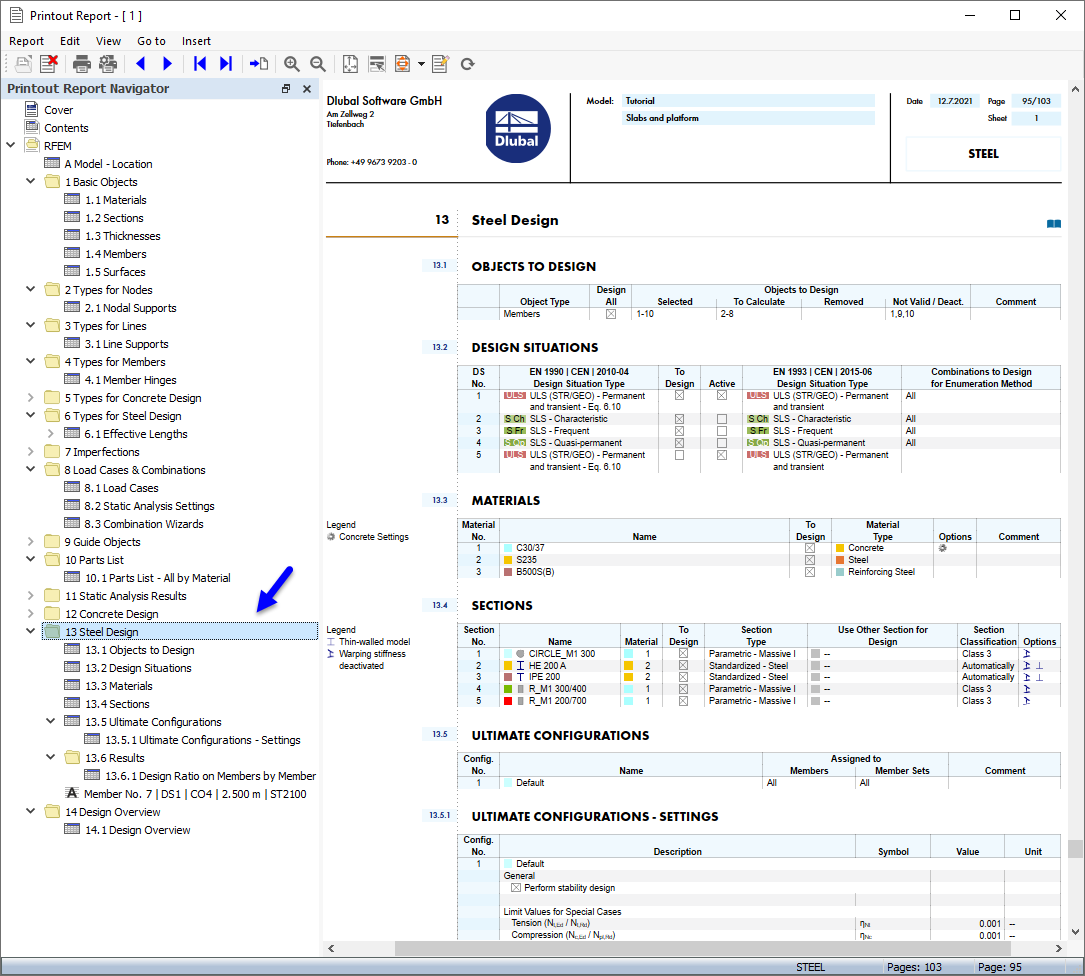 "Steel Design" Data in Printout Report