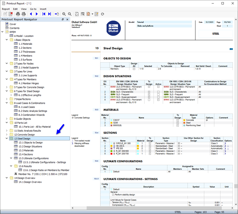 "Steel Design" Data in Printout Report